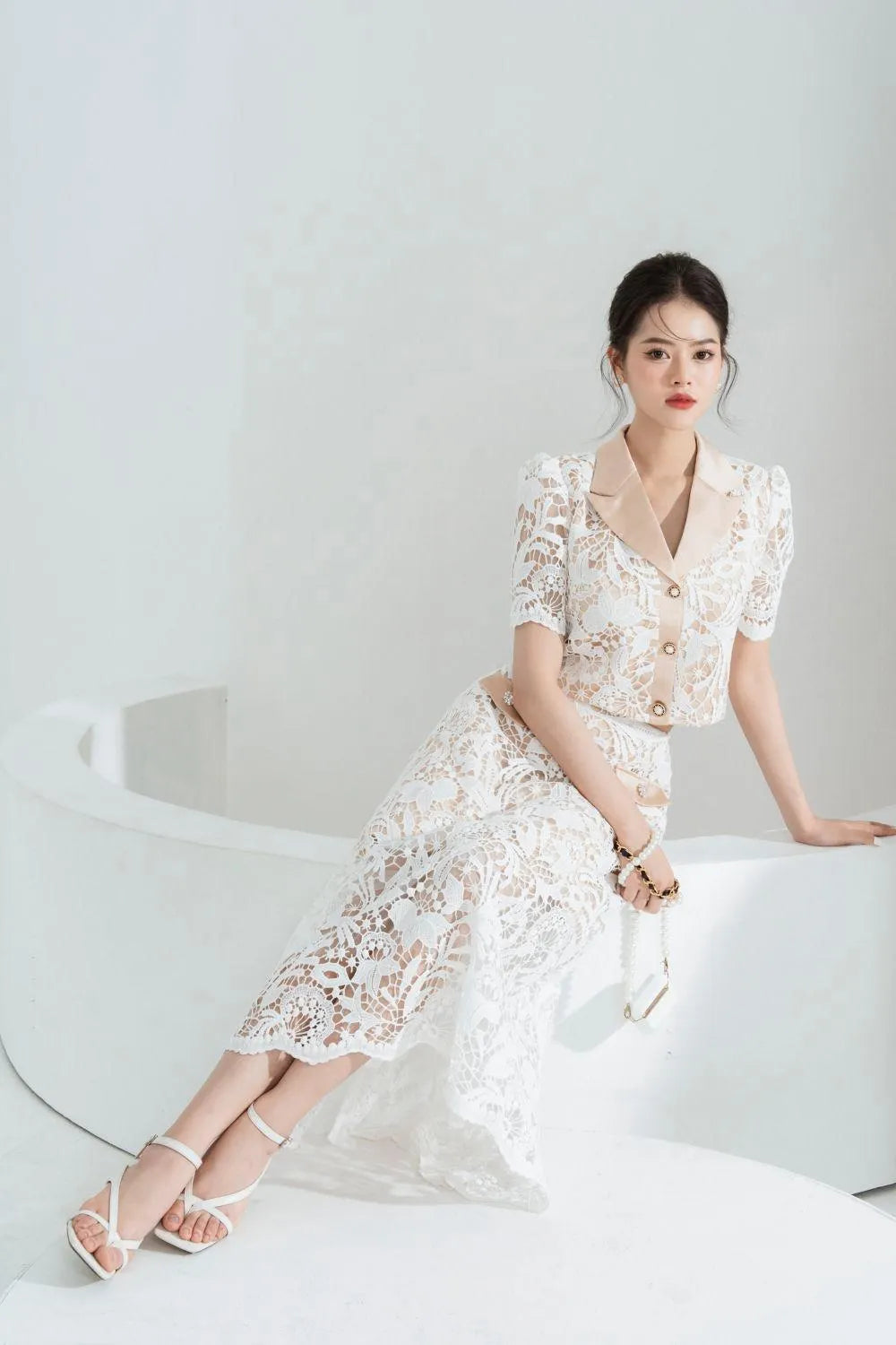 Leona Cropped Peak Lapel Lace Top Skirt Set In White Flowering Girl