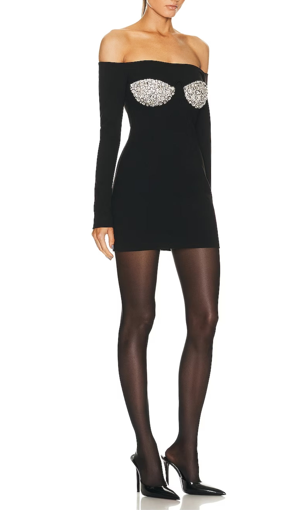 Black Off Shoulder Crystal Cup Mini Dress Flowering Girl