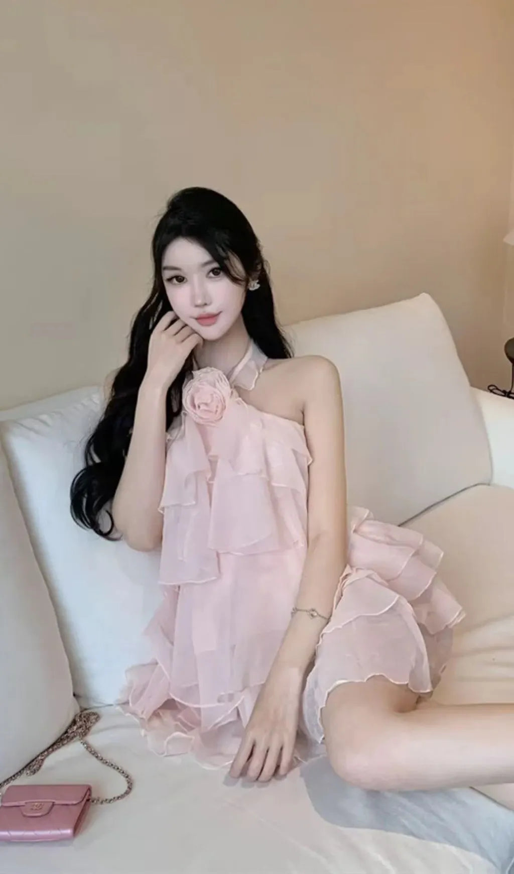 Rebecca Halterneck Ruffle Mini Dress In Pink Flowering Girl