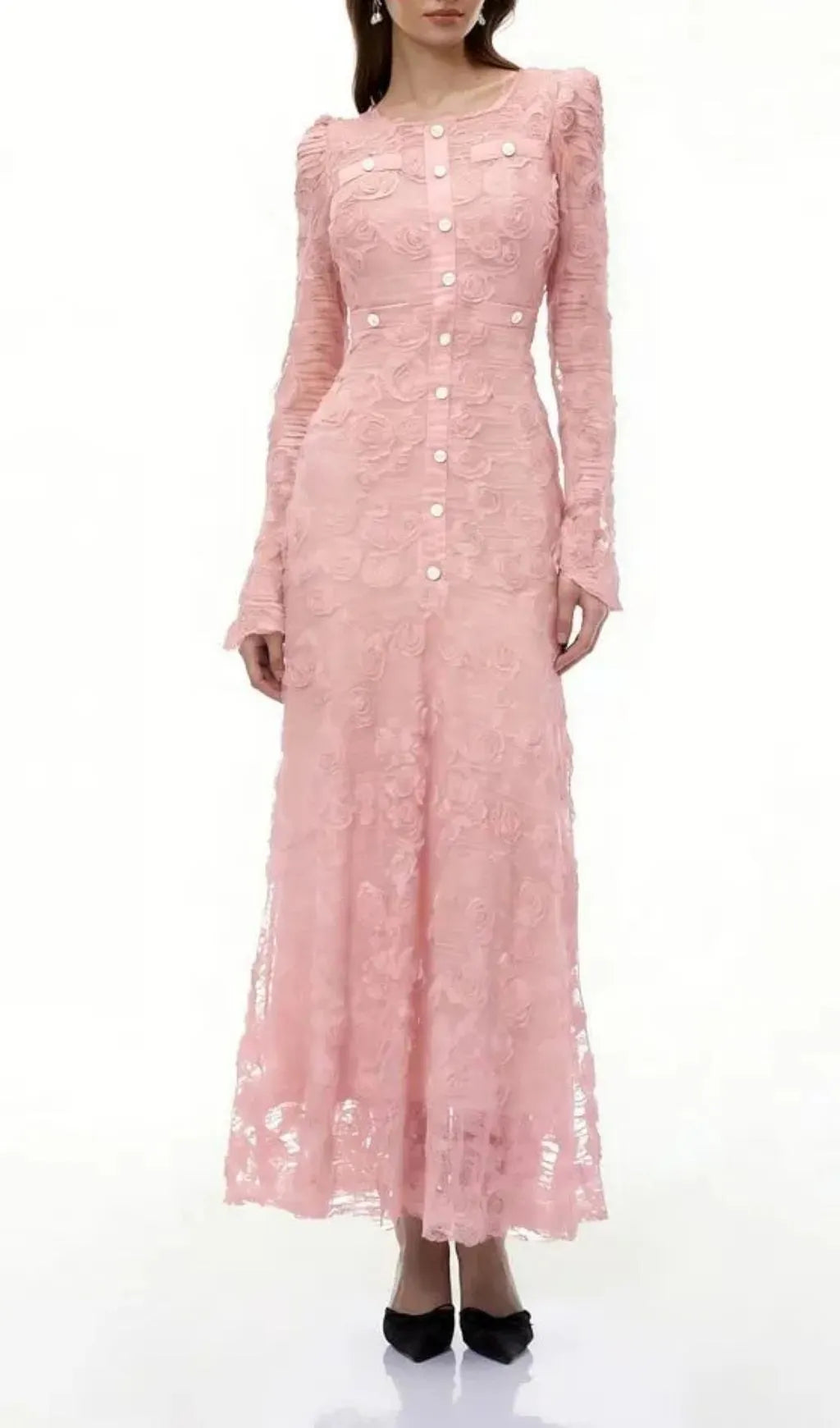 Tracy Pink 3D-Floral Embroidered Lace Maxi Dress Flowering Girl