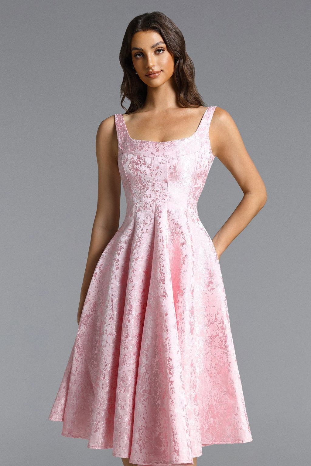 Lisbon Pink Square Neck Jacquard Satin Midi Dress Flowering Girl