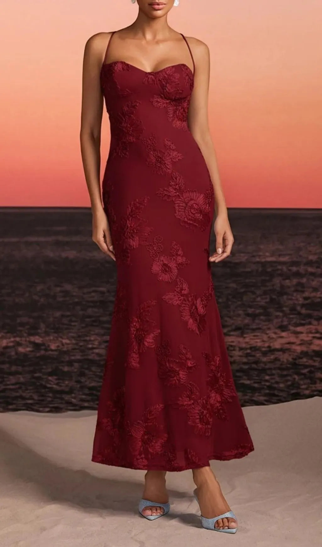Zryne Spaghetti Embroidered Flower Maxi Dress In Wine Flowering Girl