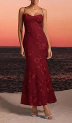 Zryne Spaghetti Embroidered Flower Maxi Dress In Wine Flowering Girl