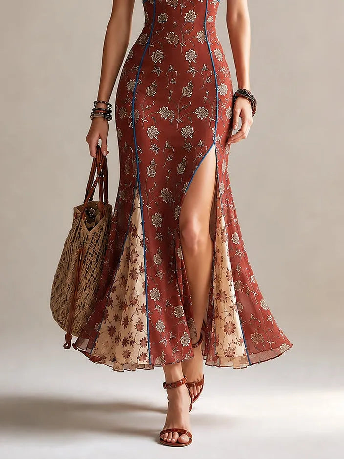 Rust-red Floral Print Chiffon High-slit Spaghetti Strap Maxi Dress Flowering Girl