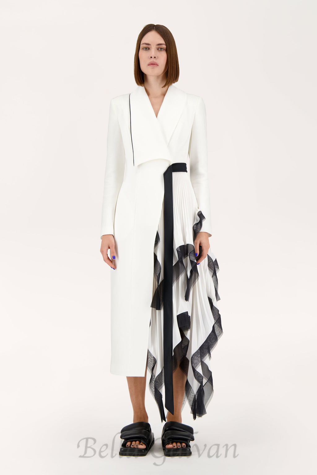 Asymmetric pleated ruffle trim blazer dress in white Flowering Girl