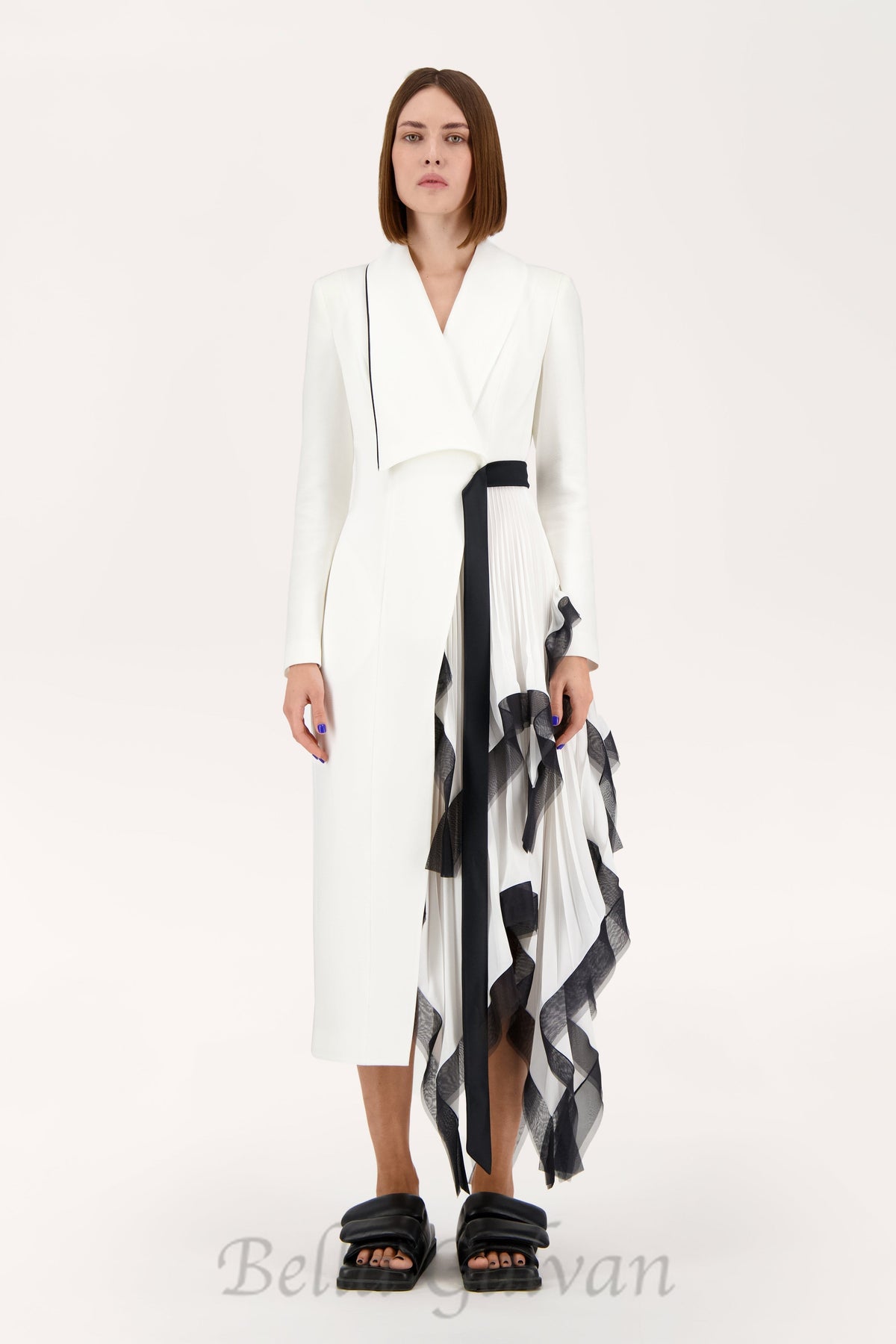 Asymmetric pleated ruffle trim blazer dress in white Flowering Girl