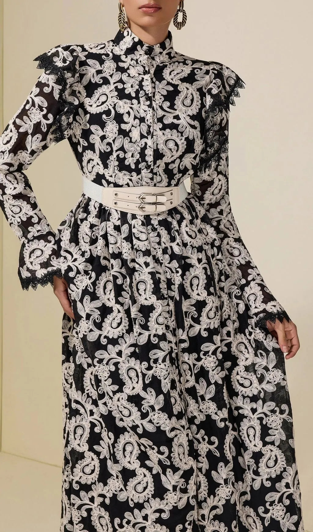 Alma Chiffon Embroidered Single Breasted Midi Dress With Belt - Black Flowering Girl