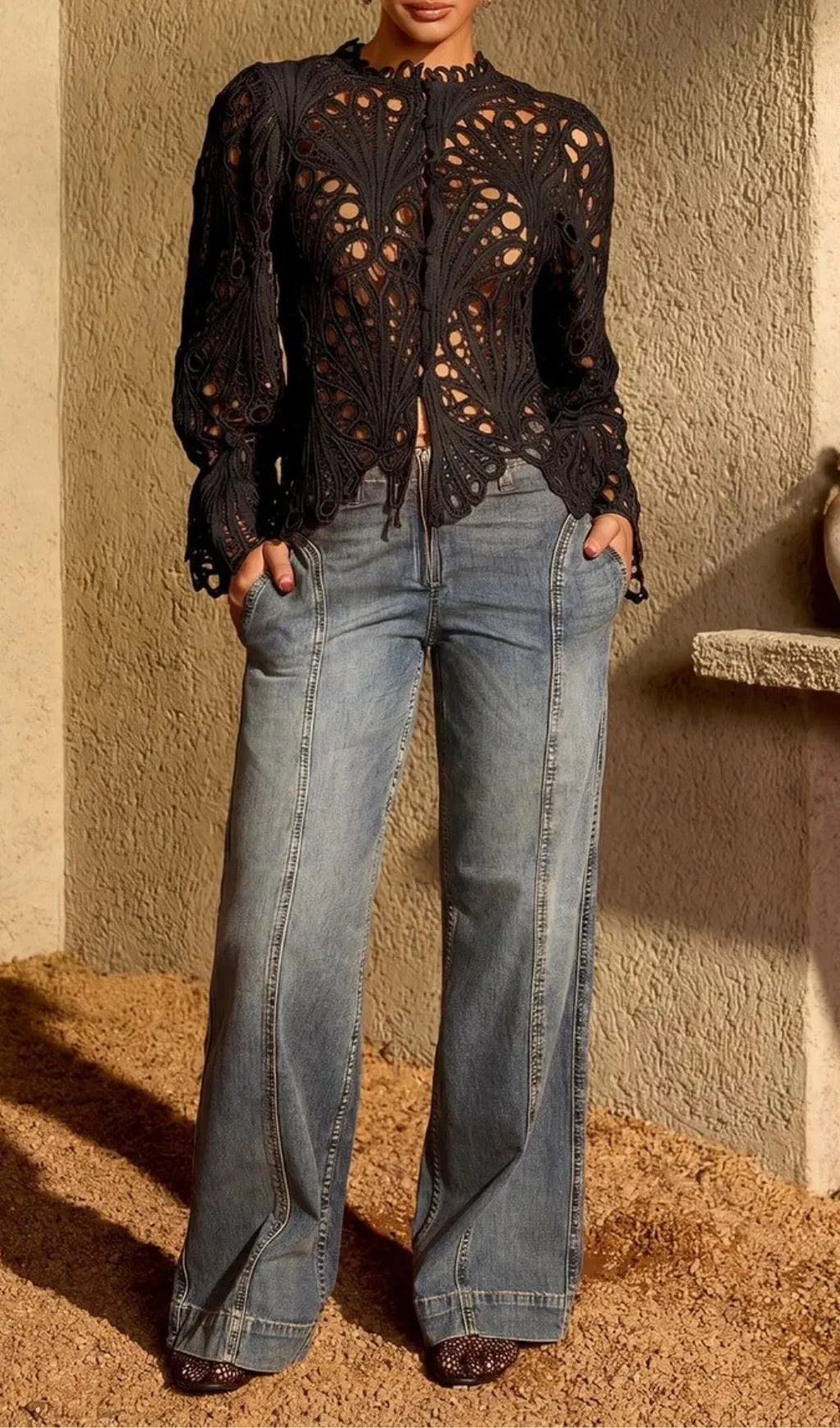 Lysendral Long Sleeve Crochet Top In Black Flowering Girl