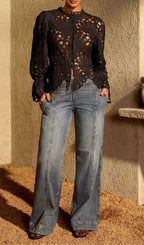 Lysendral Long Sleeve Crochet Top In Black Flowering Girl