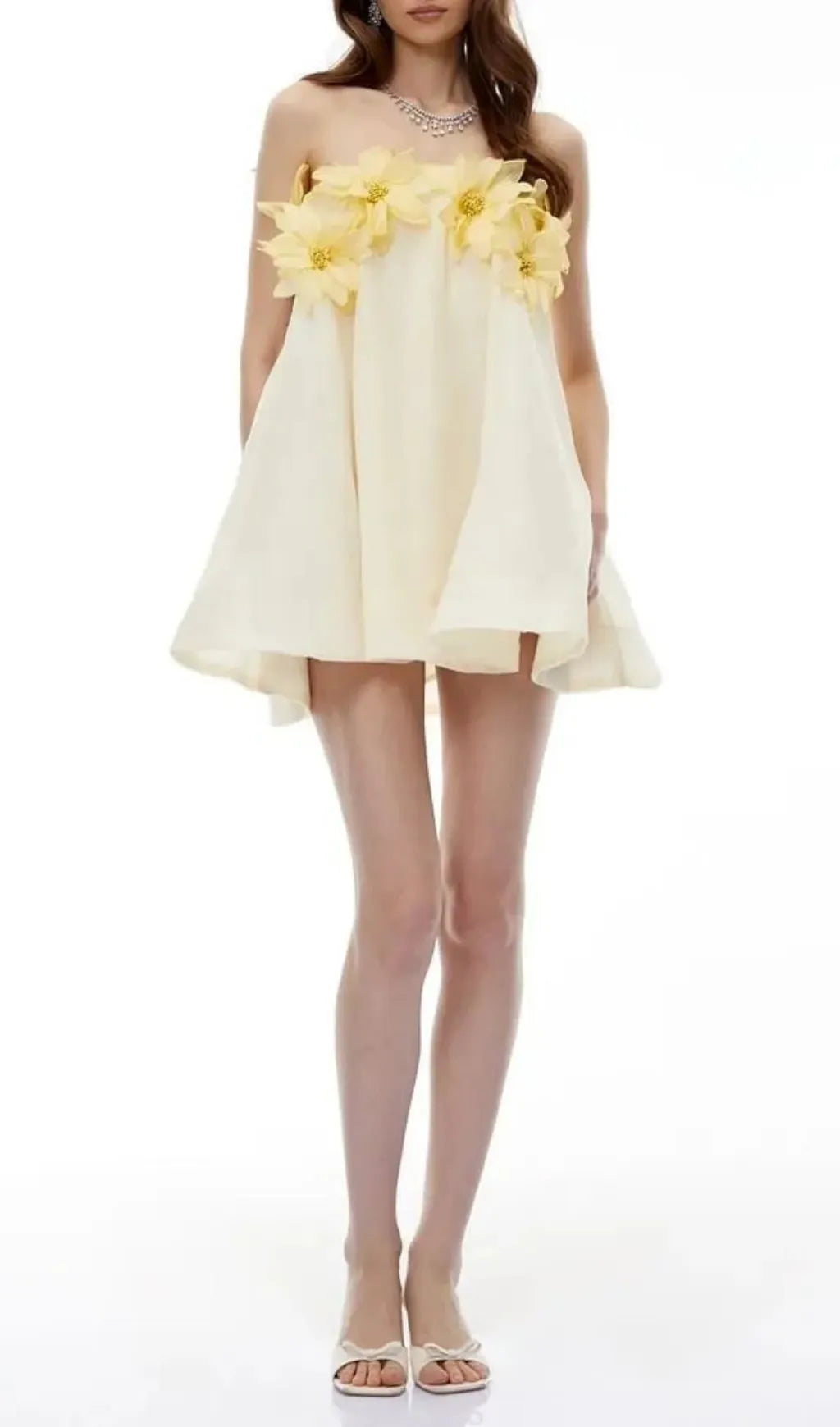 Sabrina Off-Shoulder 3D Floral Mini Dress In Yellow Flowering Girl