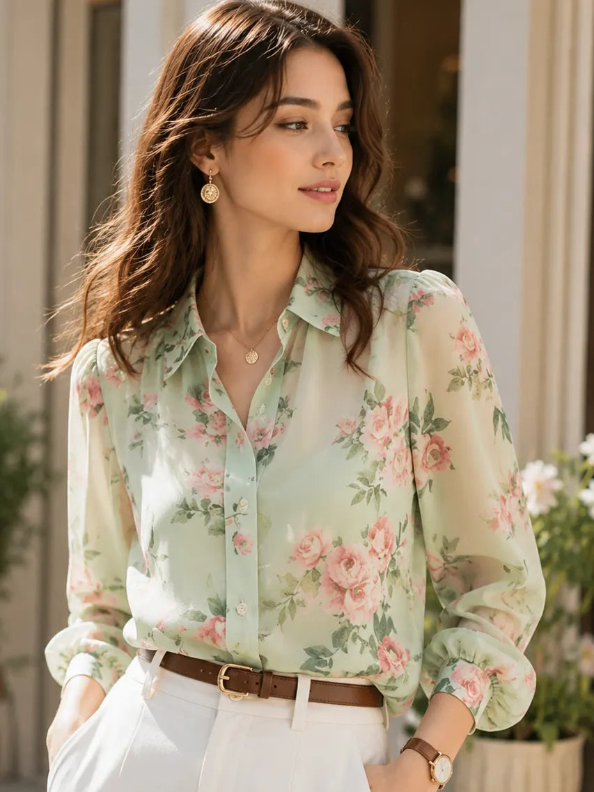 Josephine Lapel Floral Printed Chiffon Blouse Flowering Girl