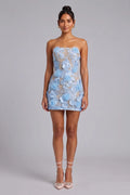 Light Blue Floral Mini Dress with Corset Lace-Up Back Flowering Girl