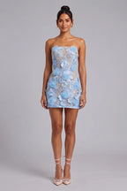 Light Blue Floral Mini Dress with Corset Lace-Up Back Flowering Girl