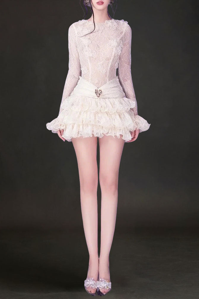 Eudora Lace Embroidery Ruched Trim Mini Dress In White Flowering Girl