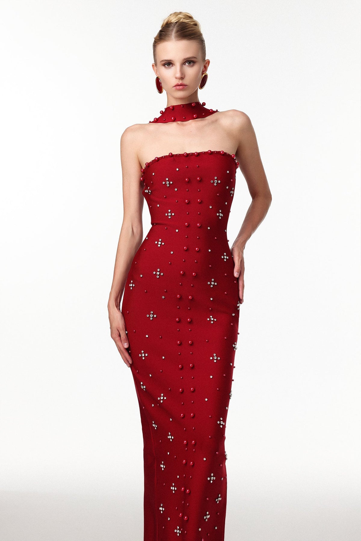 Nesya Sleeveless Pearl Wine Bandage Maxi Dress Flowering Girl