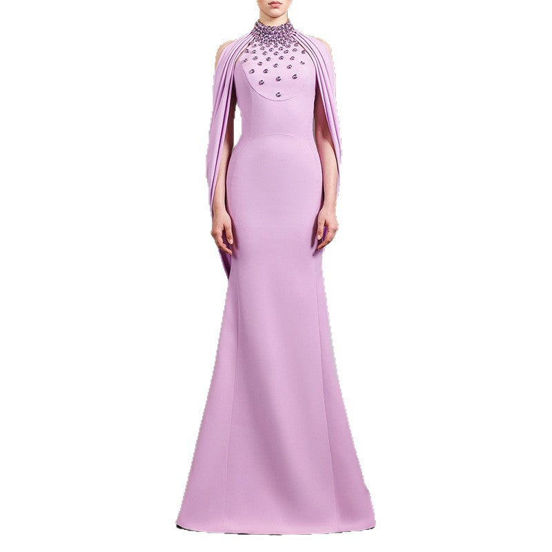 Lavender Nail Bead Halterneck Open Back Shawl Long Dress Flowering Girl