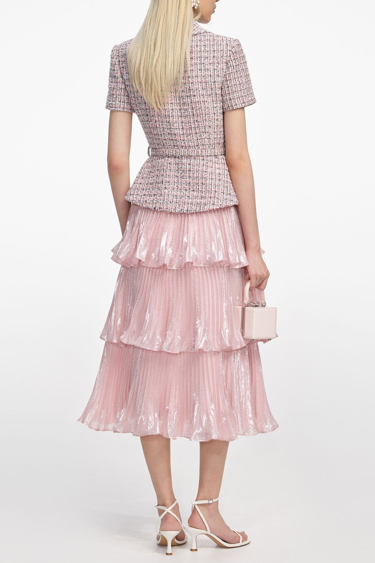 Beulah Pink Boucle Metallic Tiered Midi Dress Flowering Girl
