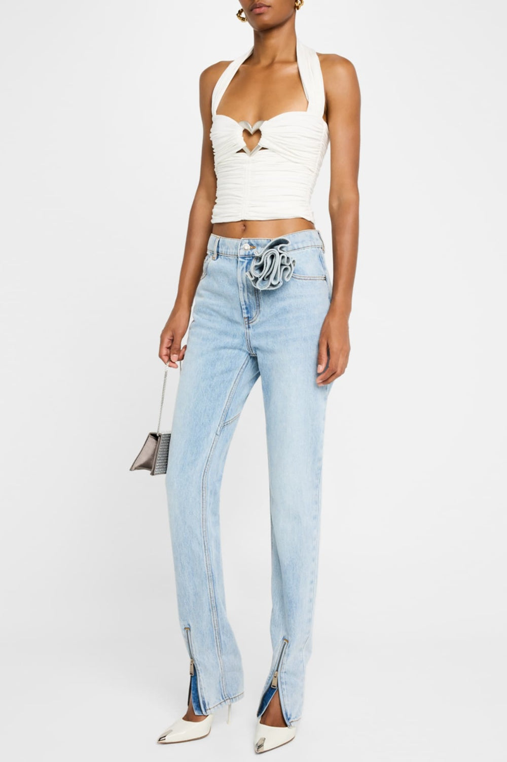 Quinta Floral Zip-Hem Skinny Jeans in pale blue Flowering Girl