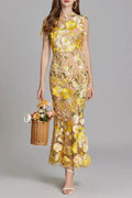 Floral Embroidery Mesh Fishtail Midi Dress In Yellow Flowering Girl