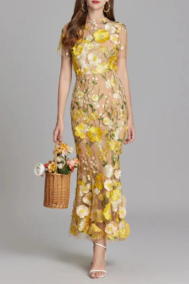 Floral Embroidery Mesh Fishtail Midi Dress In Yellow Flowering Girl