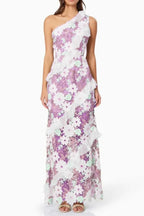 Floral One Shoulder Lace Maxi Dress In Purple Flowering Girl
