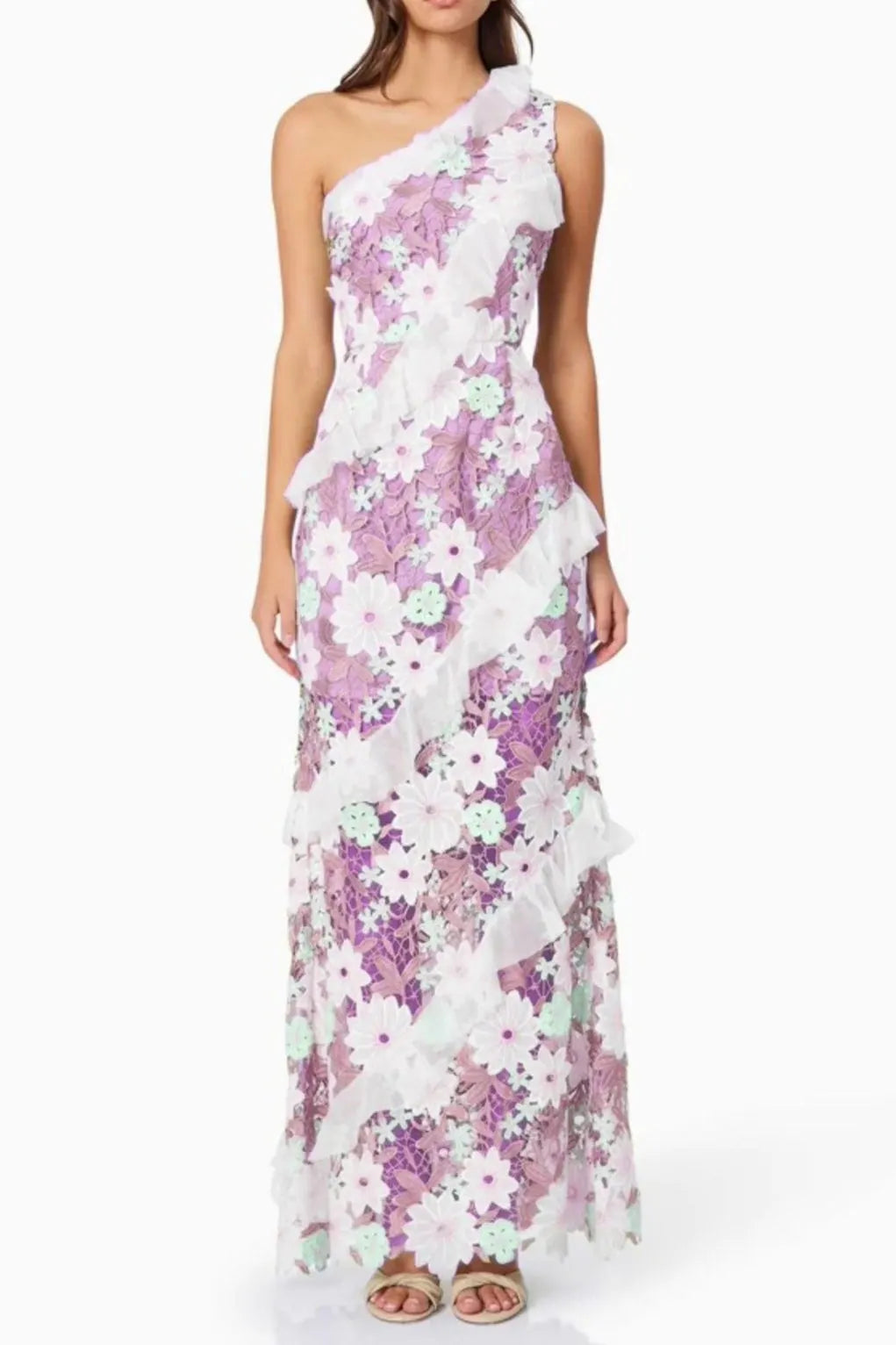 Floral One Shoulder Lace Maxi Dress In Purple Flowering Girl
