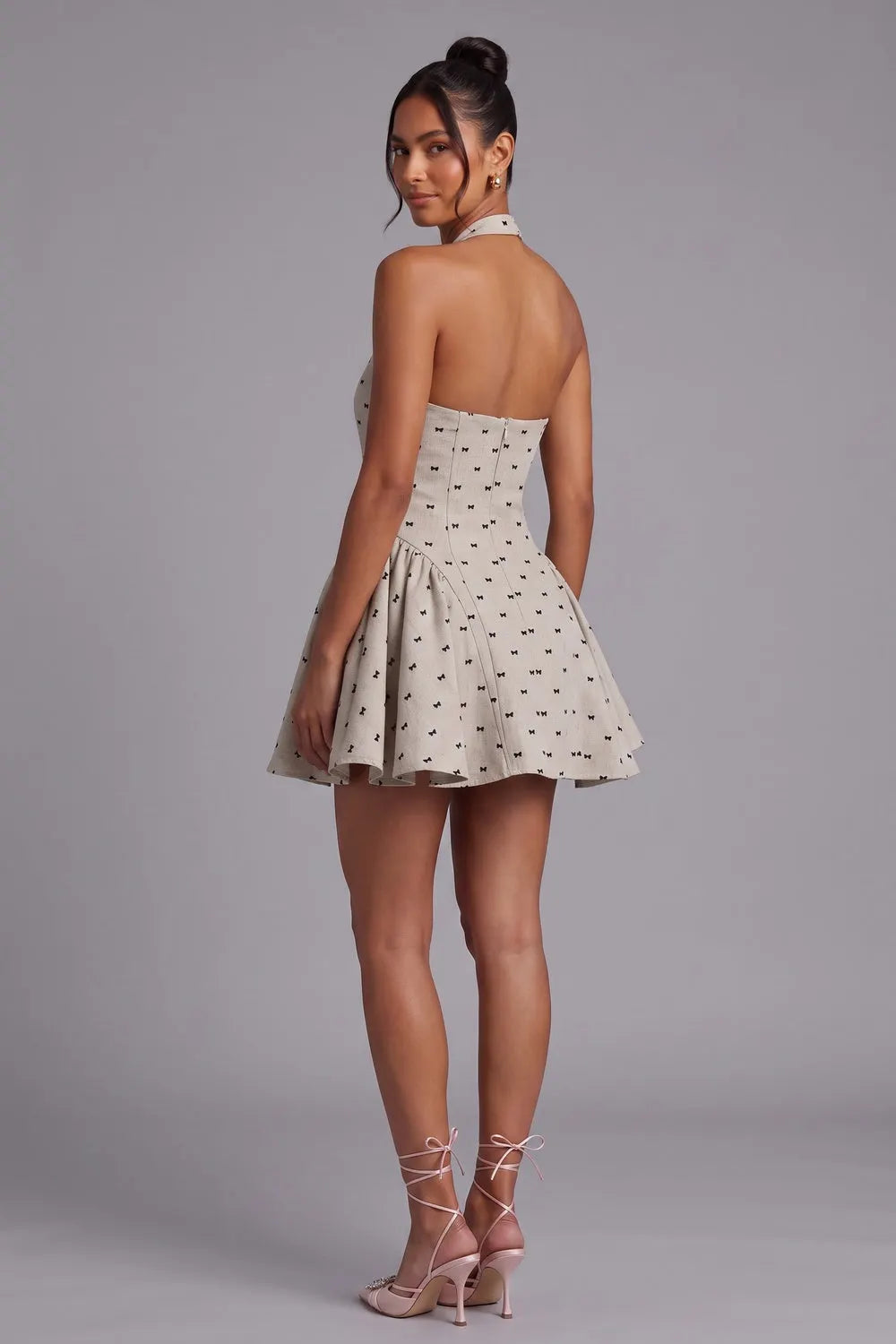 Halter Neck Mini Dress with Bow Print Flowering Girl