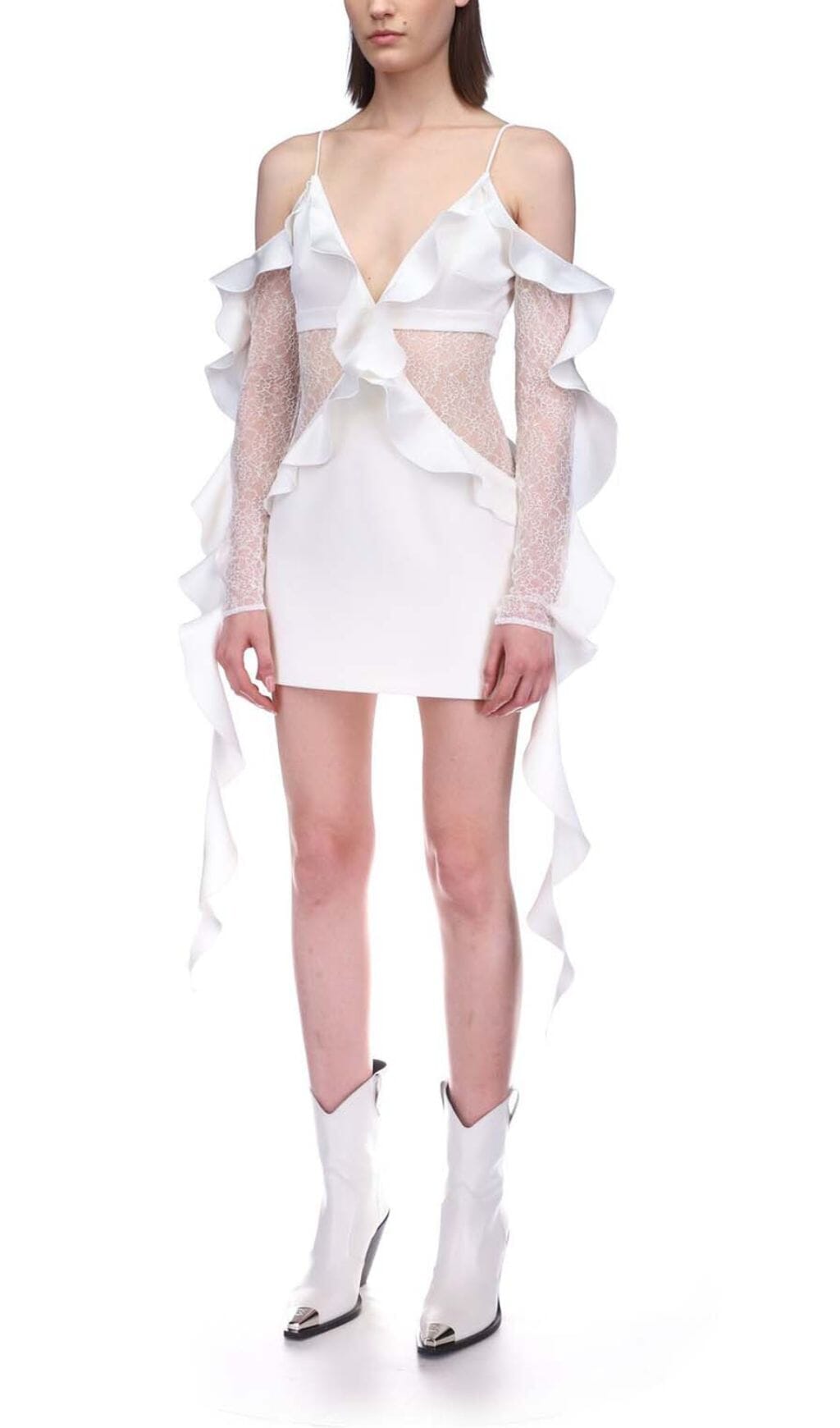 Ruffled Lace Mini Dress In White Flowering Girl