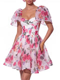 Fern Cape Sleeve Floral Organza Mini Dress Flowering Girl