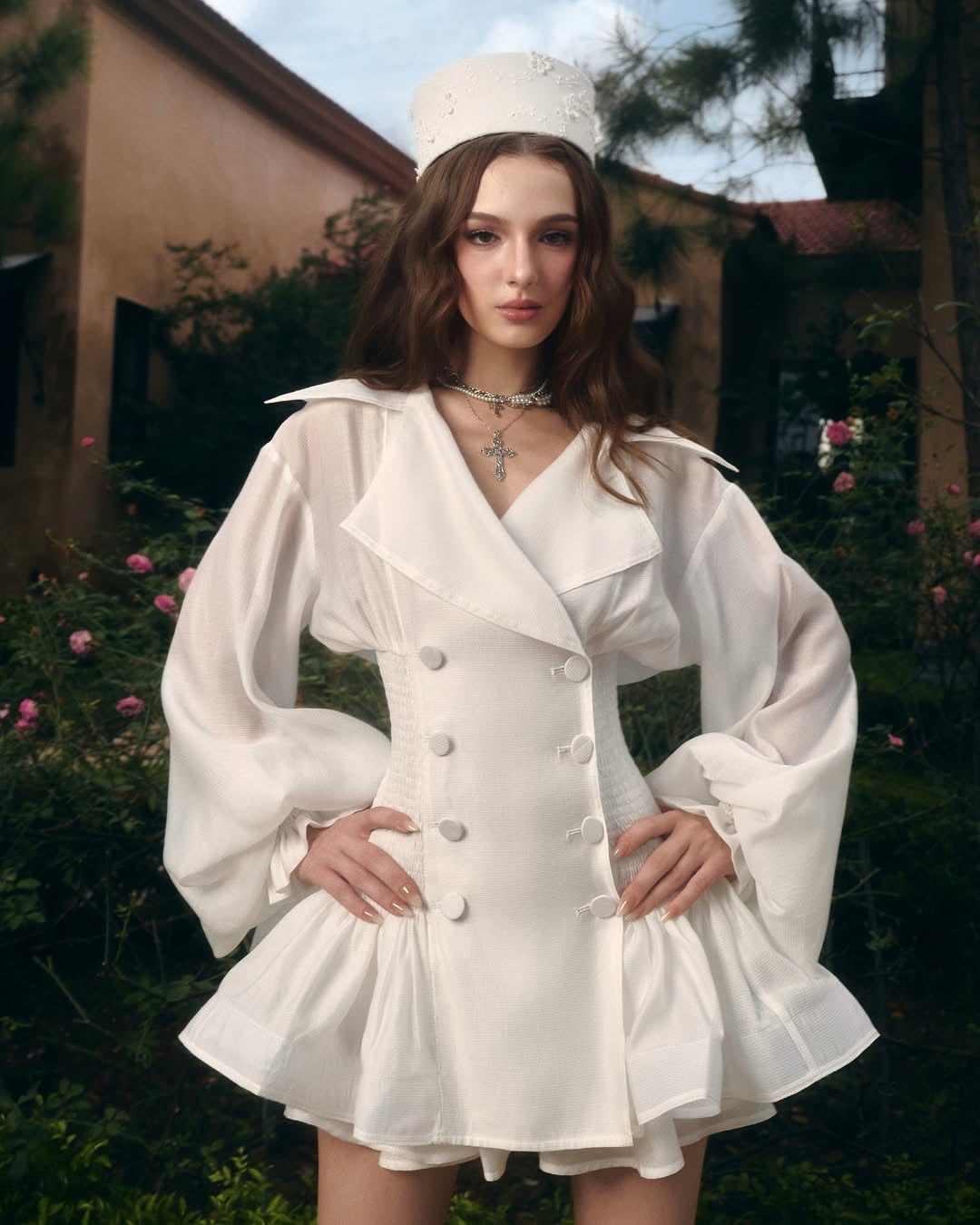Zenobia Large Lapel Button Puff Sleeve Tutu Mini Dress In White Flowering Girl