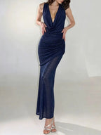 Halter Draped Embellished Maxi Dress Blue Flowering Girl