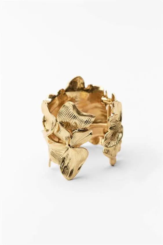 3D Textured Floral Wide Open Cuff Gold Bangle Flowering Girl
