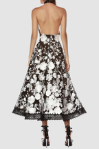 Alyssa Black Halter Floral Embroidered Midi Dress Flowering Girl