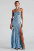 Halter Sequined Slit Maxi Dress Flowering Girl
