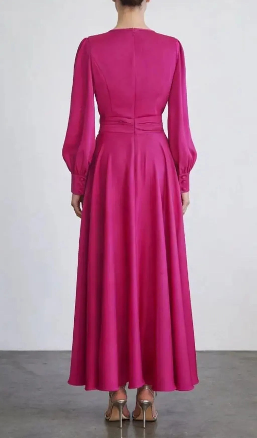 Fuchsia Satin Long Sleeve Maxi Dress With Gathered Waist Flowering Girl