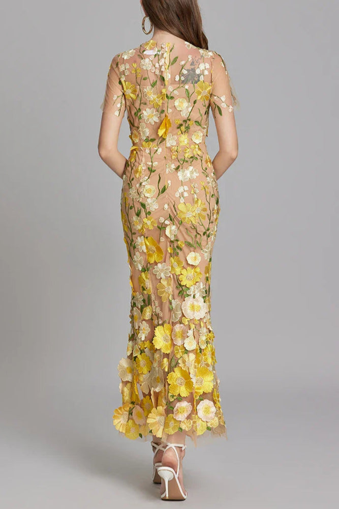 Floral Embroidery Mesh Fishtail Midi Dress In Yellow Flowering Girl