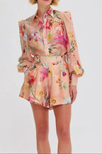 Orange Jenny Floral Printed Shirt Shorts Set Flowering Girl