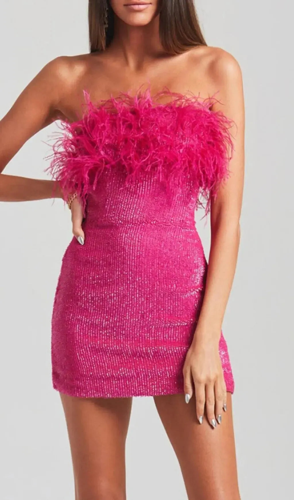 Sequin Feather Strapless Mini Dress In Hot Pink Flowering Girl