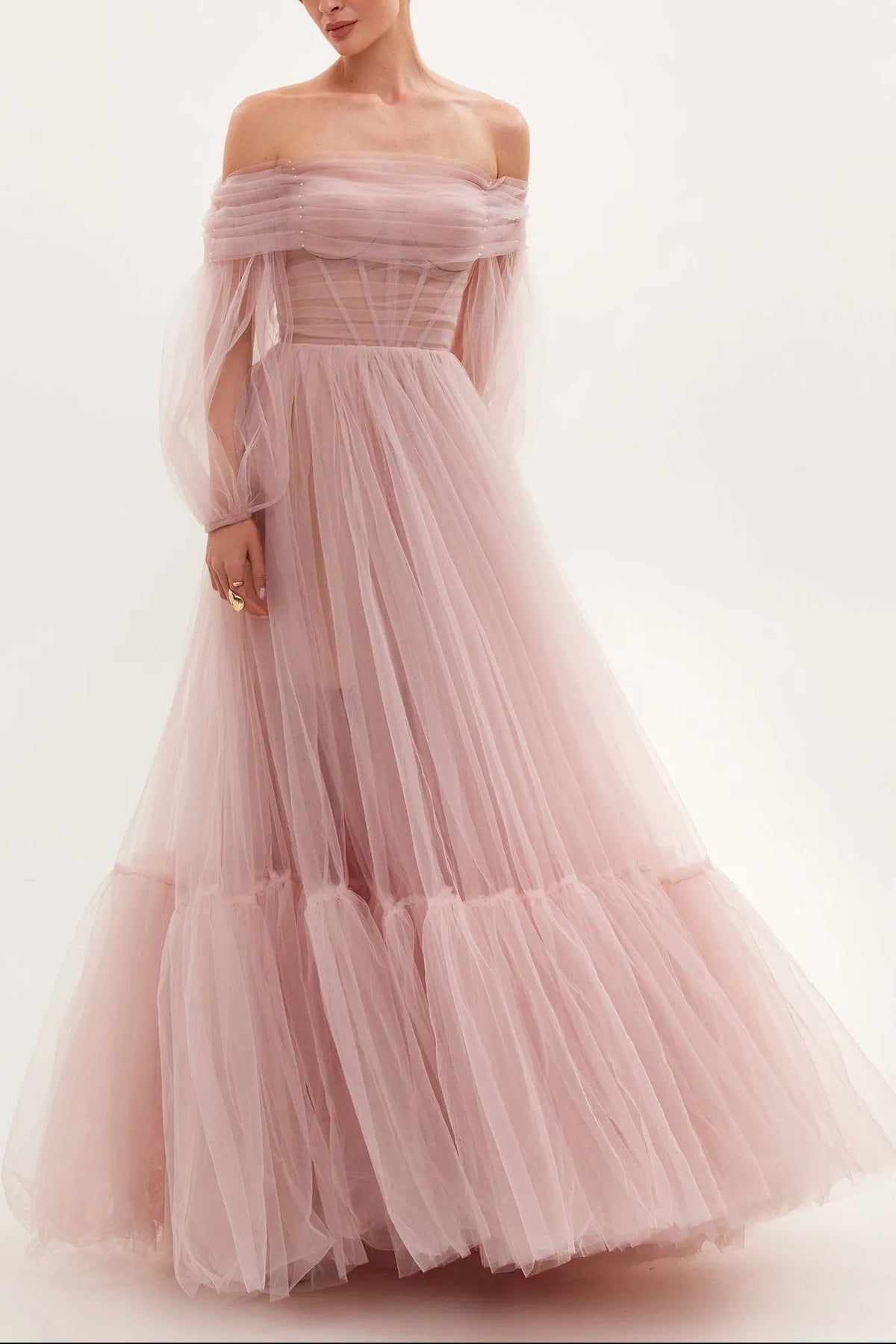 Misty Rose Sheer Sleeves Maxi Tulle Dress Flowering Girl