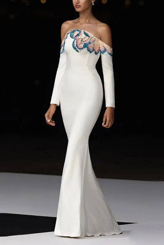 White Off-Shoulder Collars Nails Beads Diamond Maxi Dress Flowering Girl