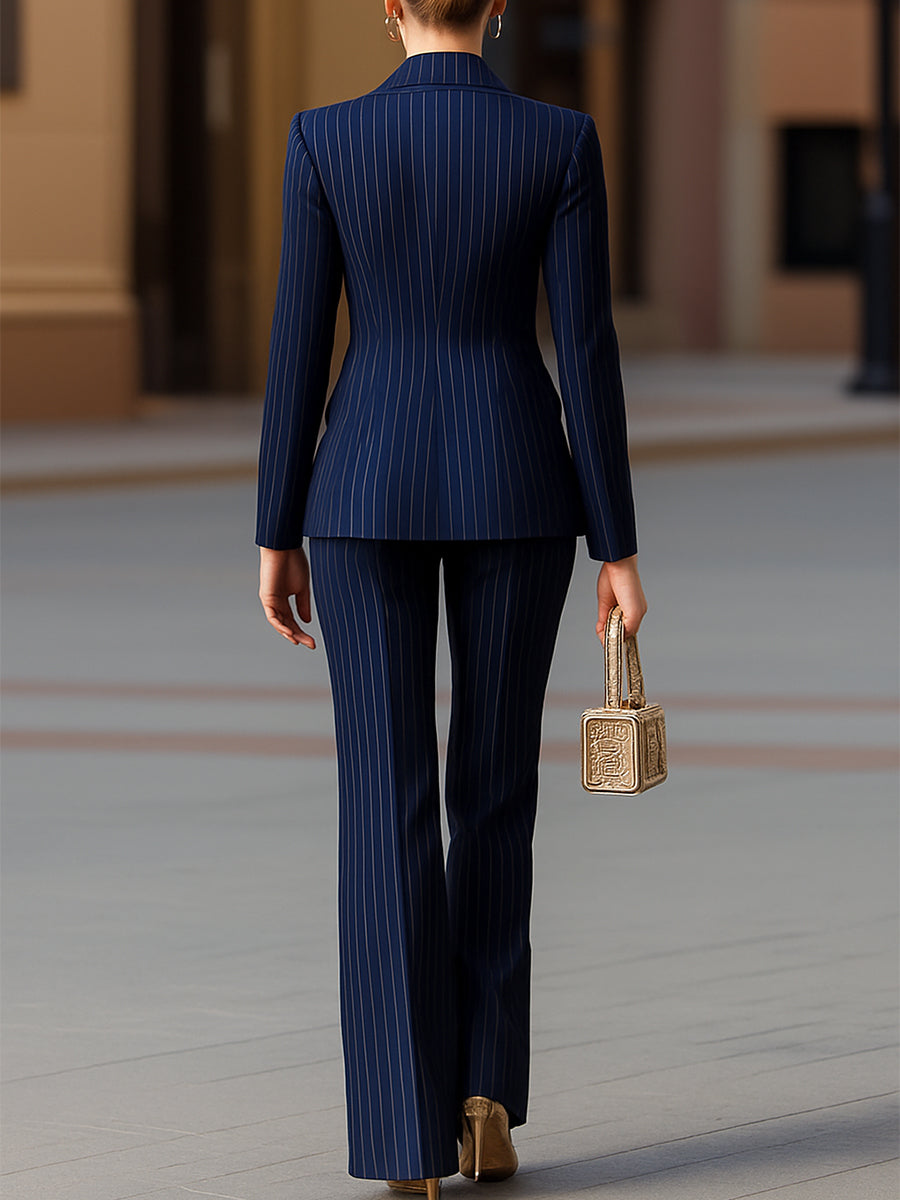 Elegant Navy Pinstripe Double-Breasted Suit Set Flowering Girl