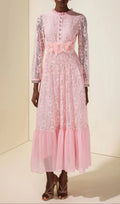 Virginia Lace 3D Flower Rhinestone Rivets Midi Dress - Pink Flowering Girl