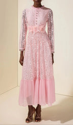 Virginia Lace 3D Flower Rhinestone Rivets Midi Dress - Pink Flowering Girl