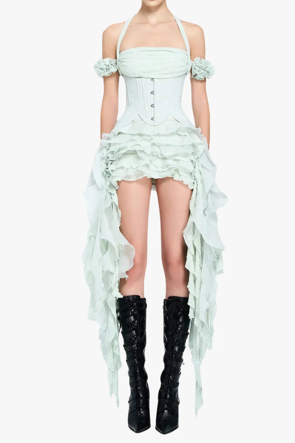 elva halter three-dimensional flower irregular tassel mini dress in mint Flowering Girl