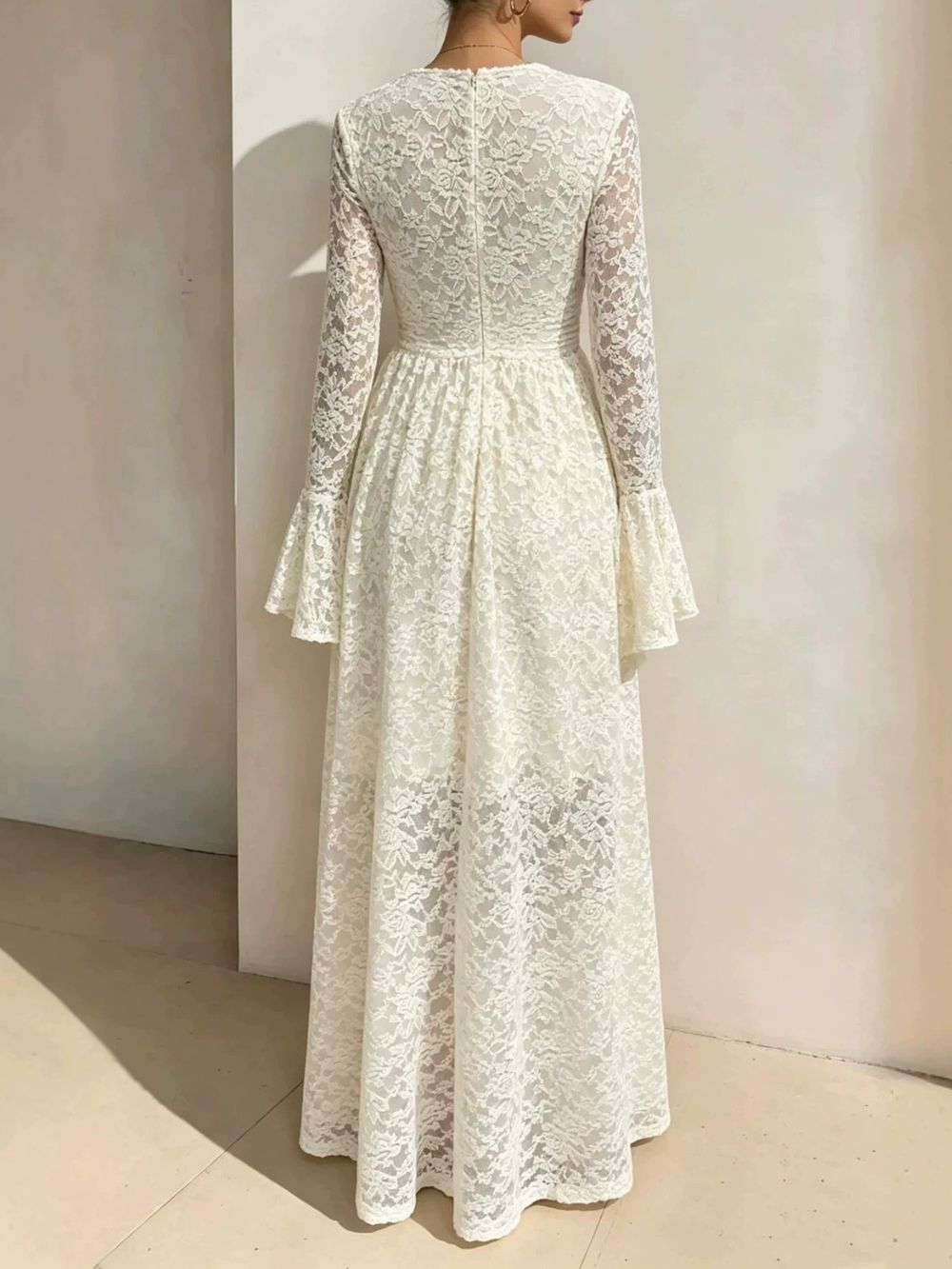 V-Neck High Waist Lace Flared Long Sleeve Dress Flowering Girl