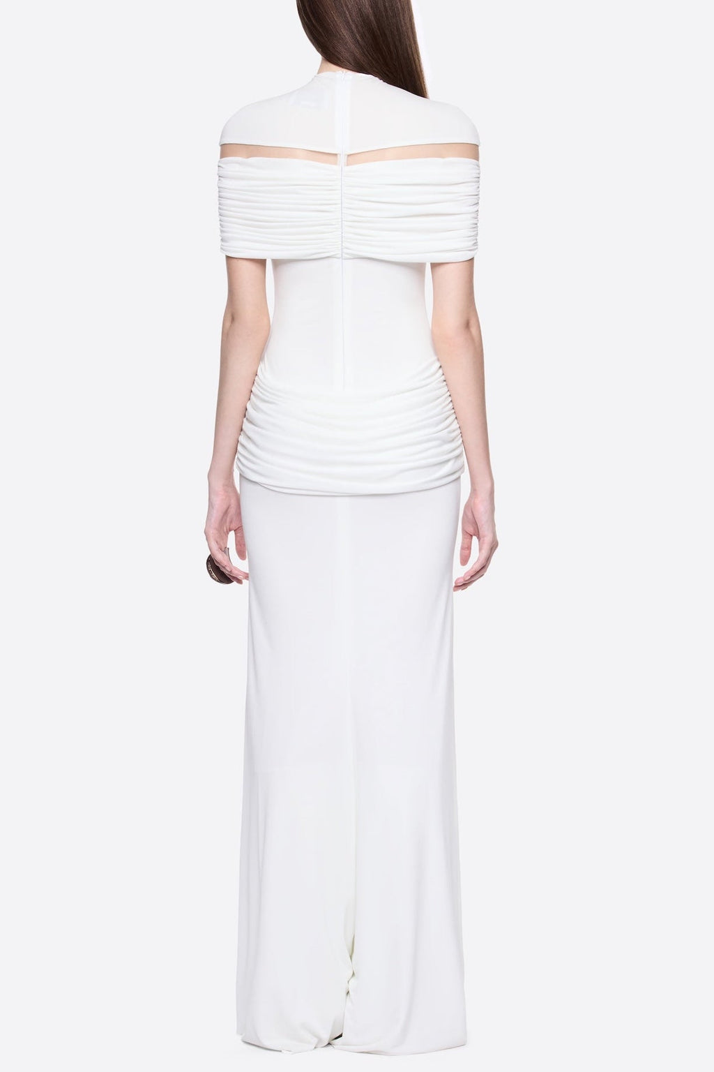 Megan Ruched Knit Patchwork Maxi Dress In White Flowering Girl