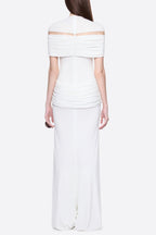 Megan Ruched Knit Patchwork Maxi Dress In White Flowering Girl