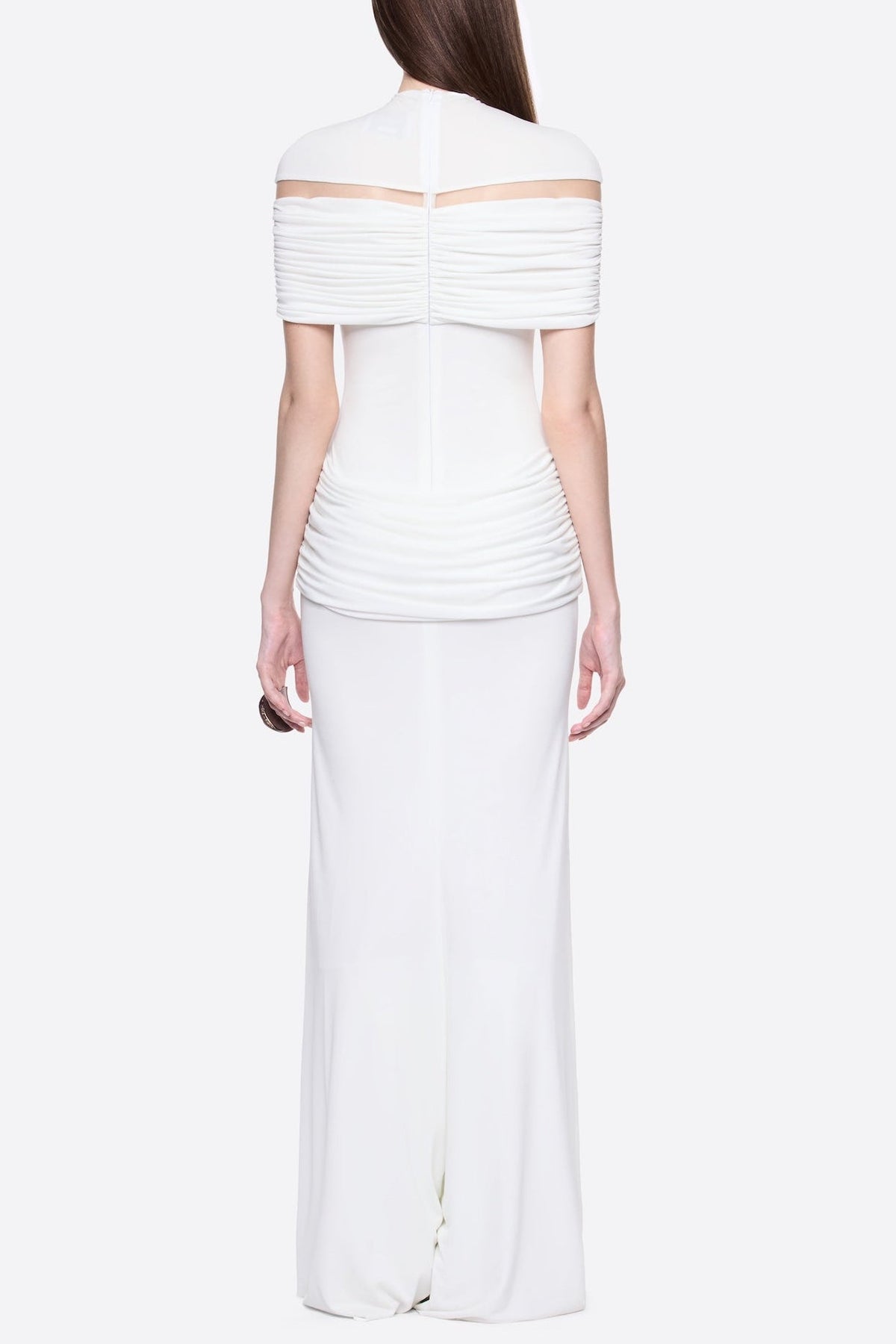 Megan Ruched Knit Patchwork Maxi Dress In White Flowering Girl