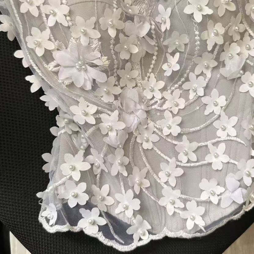 Light Grey Mesh Structured Corset Top with Floral Appliqué Flowering Girl