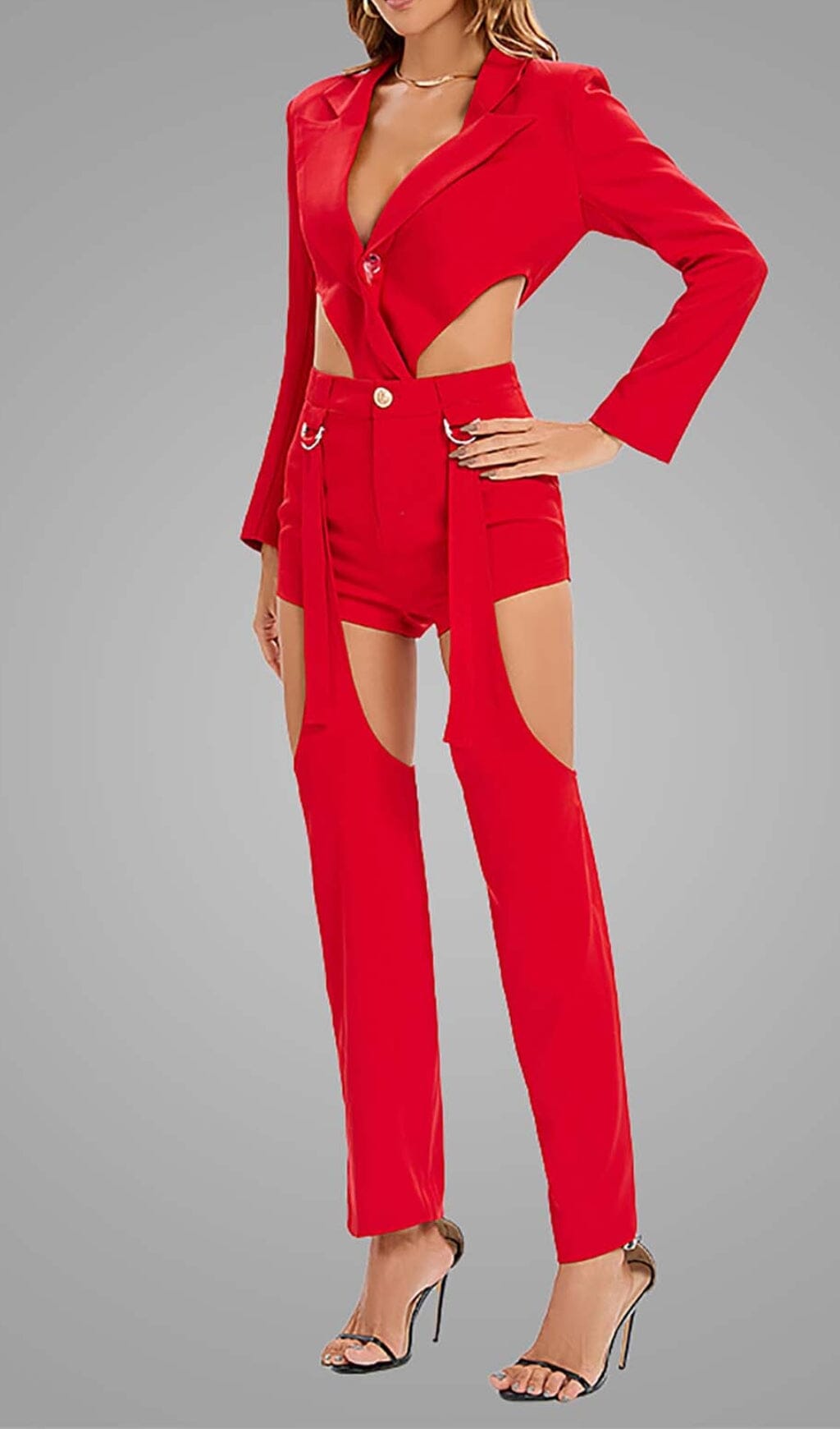 Cutout Backless Three Piece Set In Red Flowering Girl